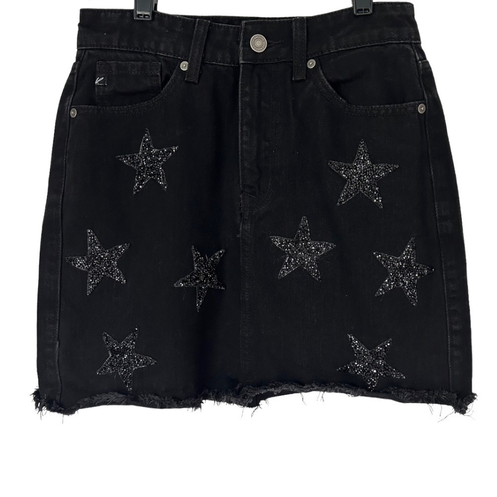 Kancan Black Jean Mini Skirt Glitter Stars Size XS